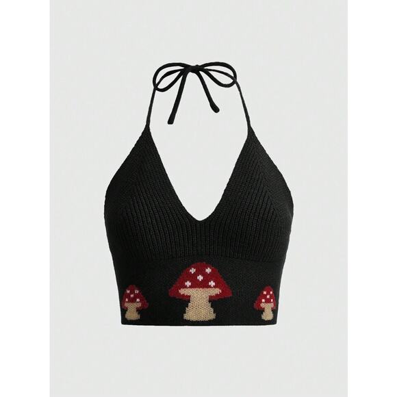 Romwe Black Mushroom Hippie Festival Intarsia Knit Cropped Halter Top SZ S - Picture 3 of 12